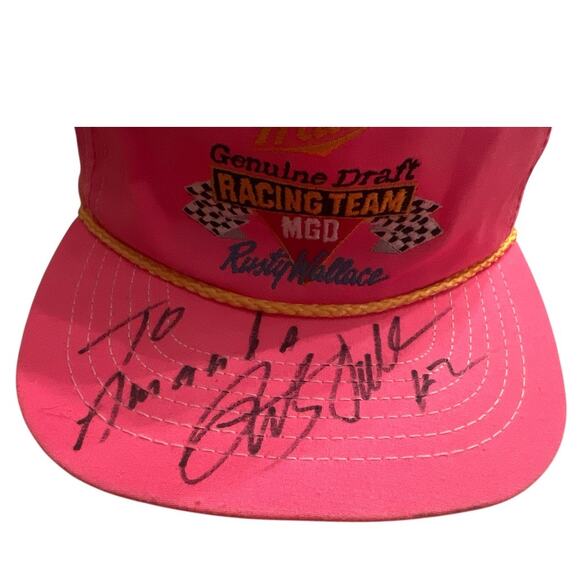 Vintage 90s MGD Racing Team Rusty Wallace Autographed Snap Back Hat Pink Nascar - Picture 2 of 7